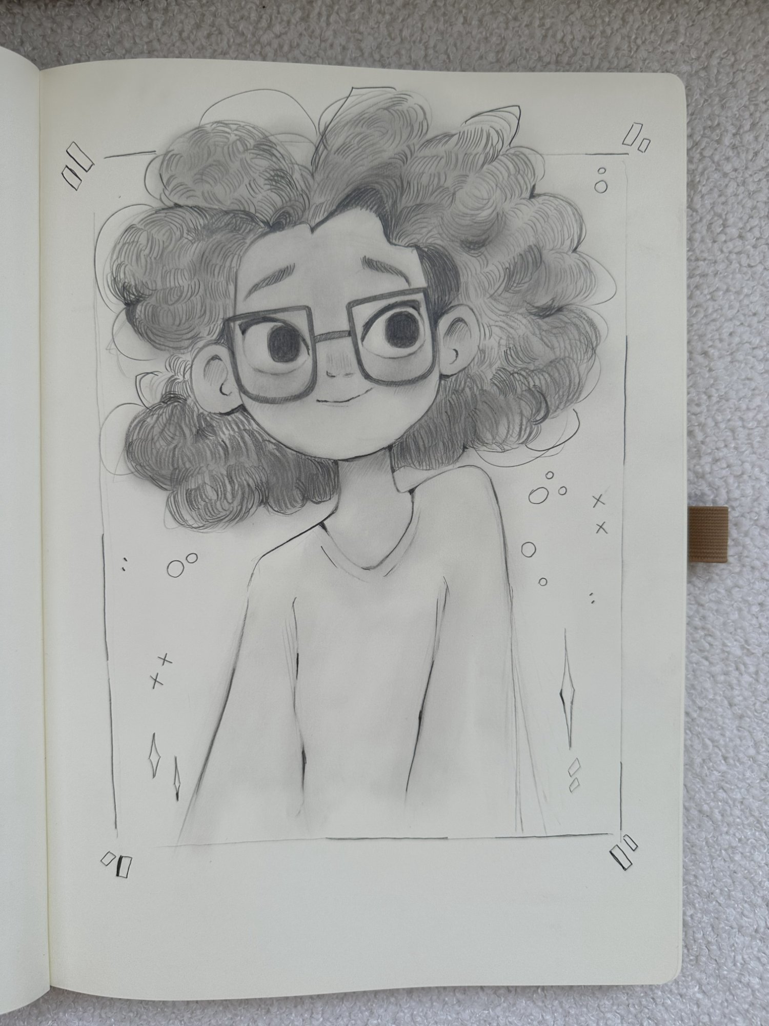 Pencil sketch of a curly-haired girl with glasses — from Nelli's personal sketchbook
